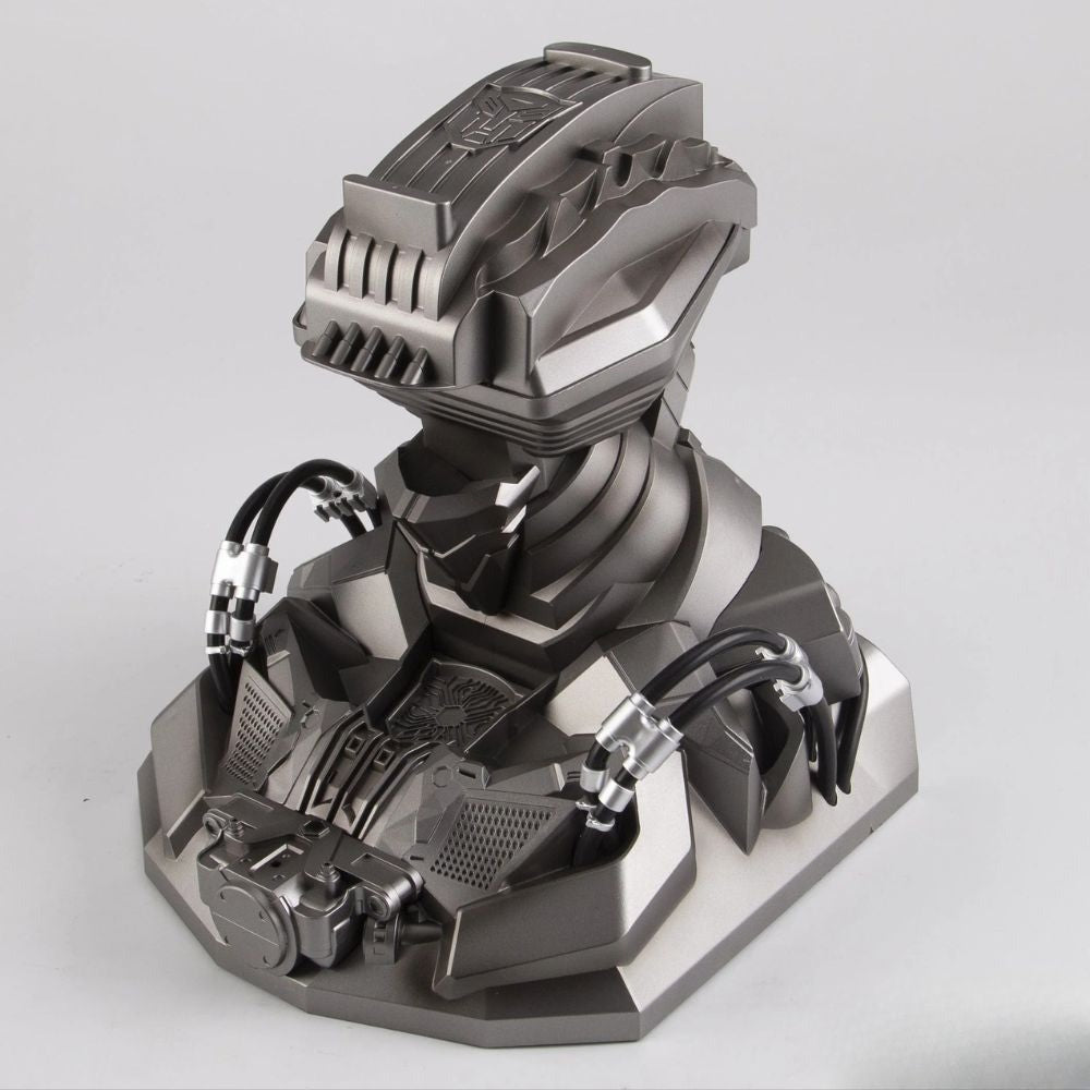 Solis Titan Helmet Stand, a sculpted mechanical torso and neck in gunmetal grey