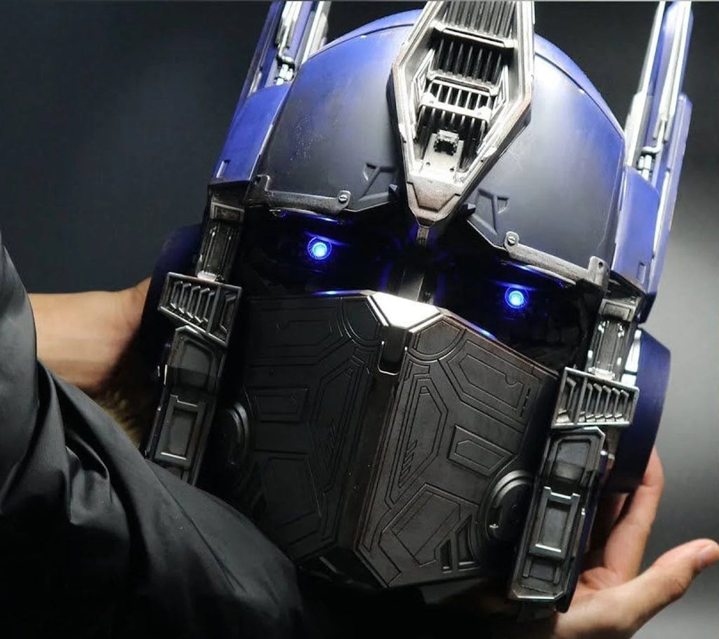 The Solis Titan Prime helmet held in two hands, mask closed