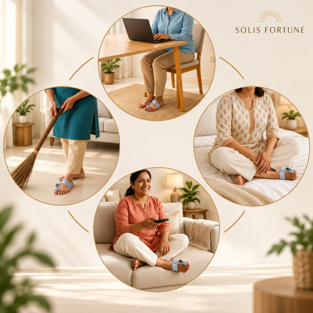 Solis Toewise — wearing the bunion splint at home: at a desk, sweeping, on the bed and on the sofa
