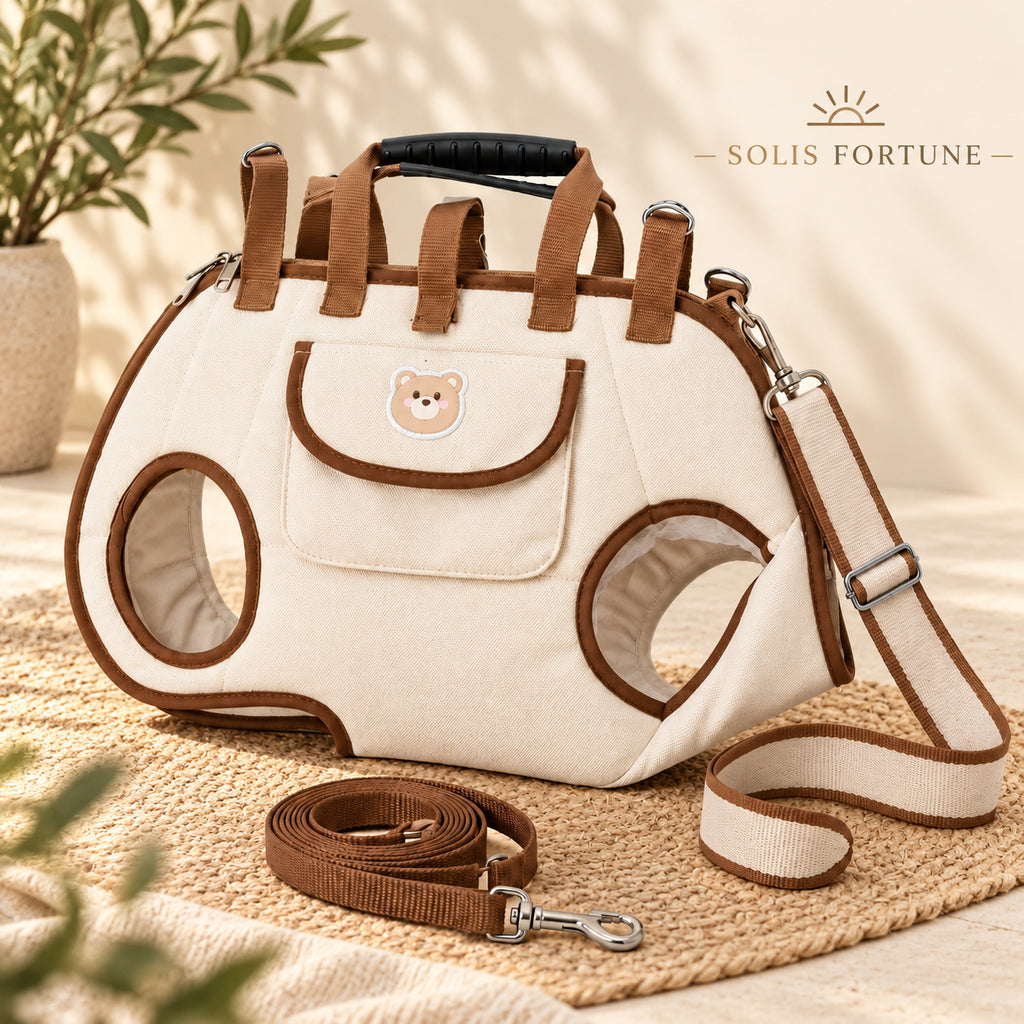 Solis Trailtote — cream and brown legs-out dog carrier with crossbody strap and leash