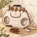 Solis Trailtote — cream and brown legs-out dog carrier with crossbody strap and leash