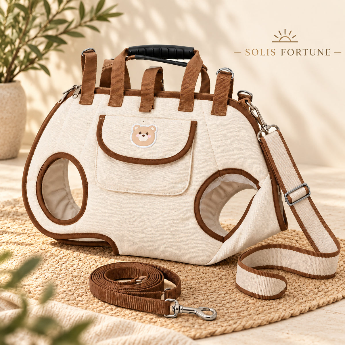 Solis Trailtote — cream and brown legs-out dog carrier with crossbody strap and leash