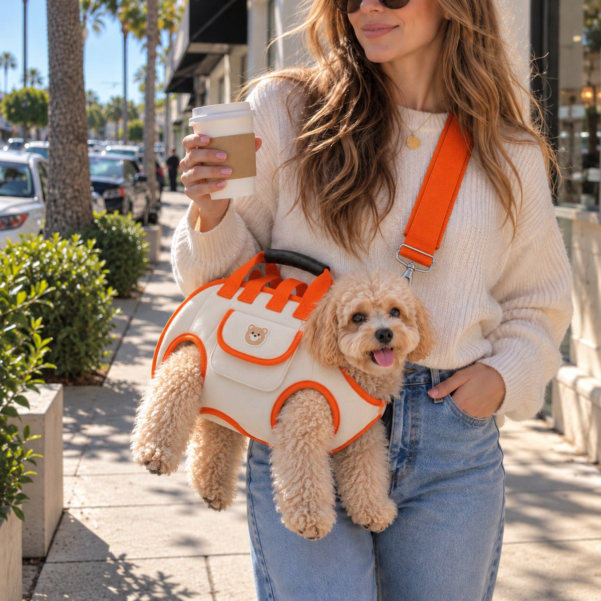 Solis Trailtote — dog riding in the orange carrier worn crossbody on a city walk
