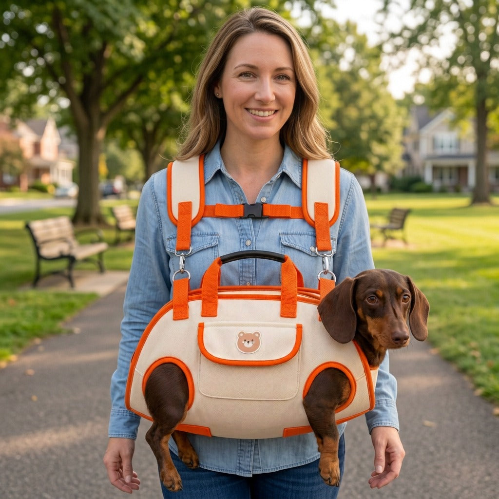 Solis Trailtote — dachshund in the orange double strap carrier worn on the front