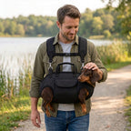 Solis Trailtote — dachshund in the black double strap carrier worn on the front