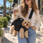 Solis Trailtote — puppy in the black carrier worn crossbody