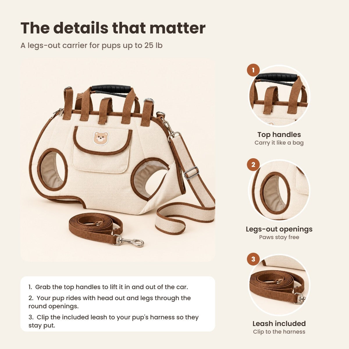 Solis Trailtote — details: top handles, legs-out openings, leash included