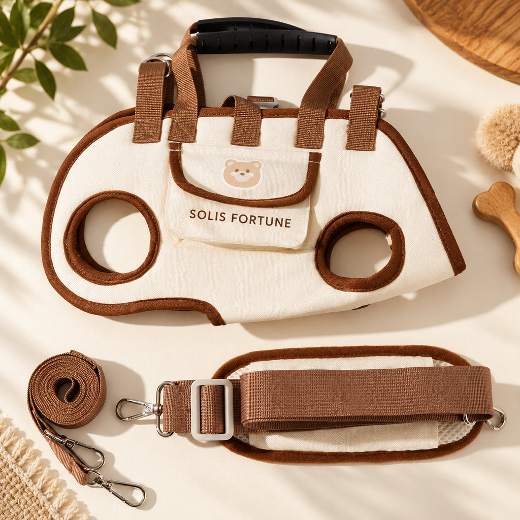 Solis Trailtote — Cream & Brown, Single Strap: legs-out dog carrier