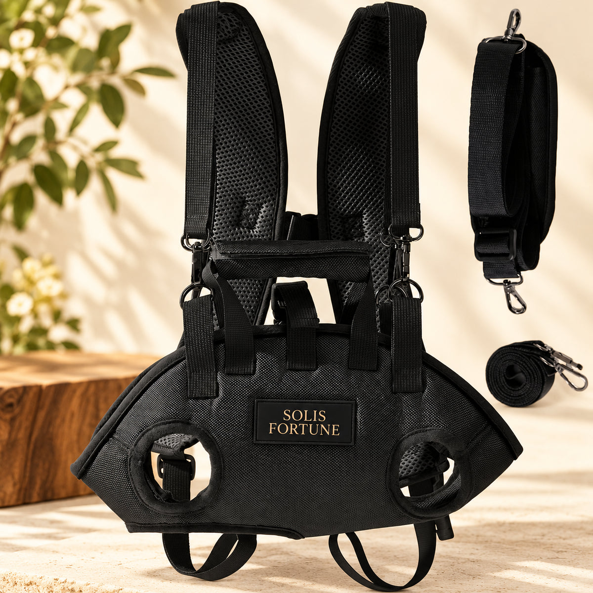 Solis Trailtote — Black, Double Strap: legs-out dog carrier