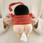 Solis Tush Tissue funny butt tissue holder — hands holding the soft plush tissue box cover with a tissue between the cheeks