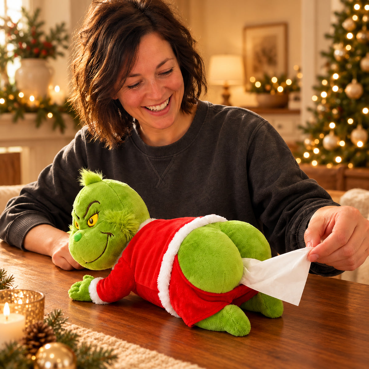 Solis — Grinch tissue box cover lying on a kitchen table with a tissue pulled out of its Santa suit
