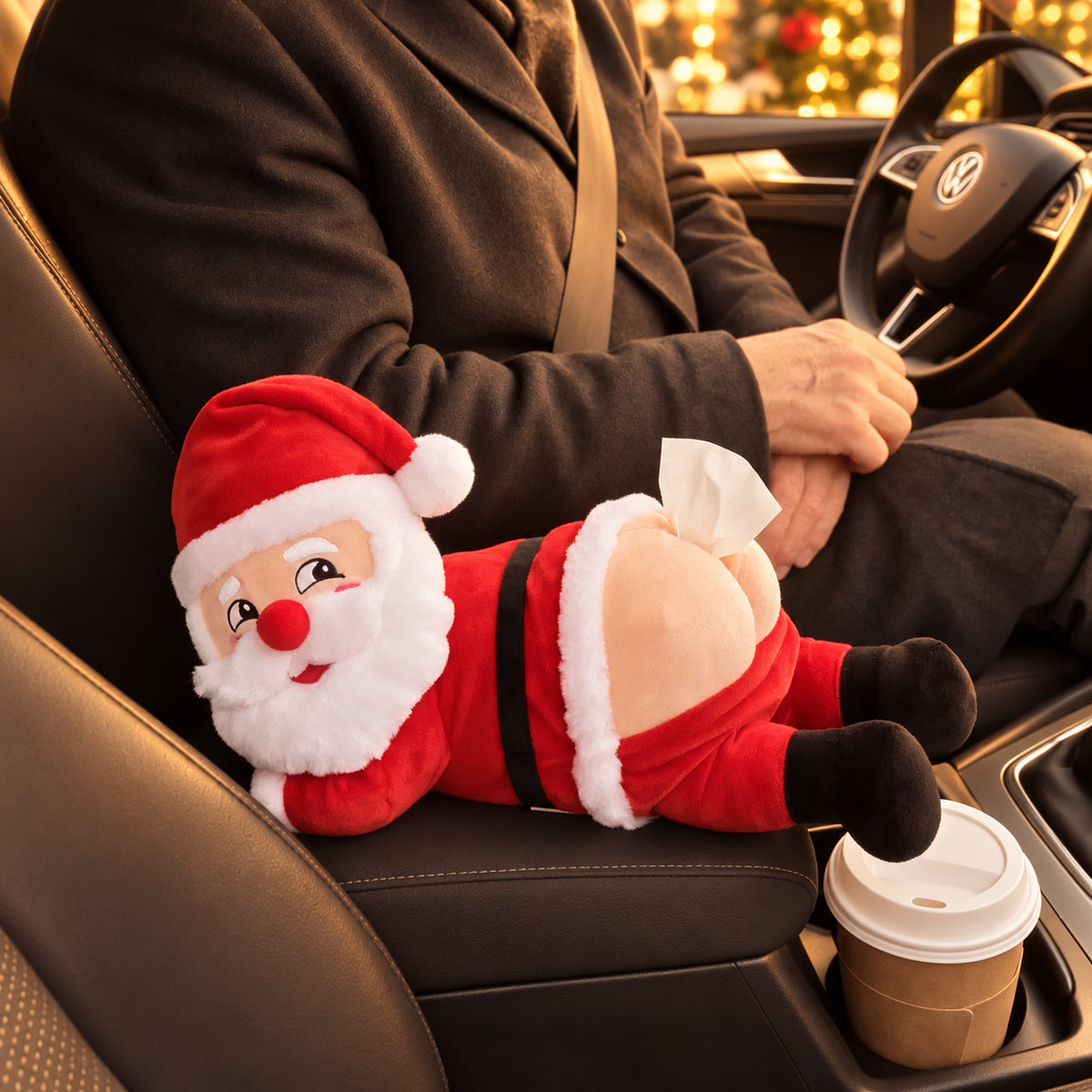 Solis — Santa butt tissue holder with a cartoon face lying on a car console next to a coffee cup