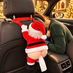 Solis — white-haired Santa butt tissue holder hanging from a car headrest with a tissue between its cheeks
