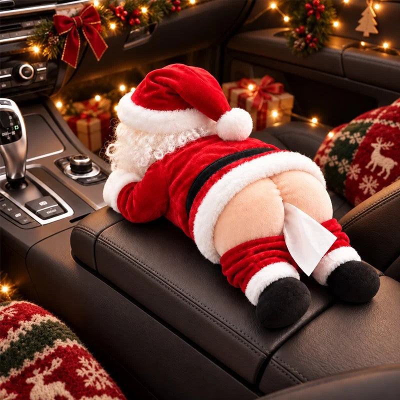 Solis — white-haired Santa tissue box cover with striped legs lying on a car armrest