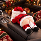 Solis — white-haired Santa tissue box cover with striped legs lying on a car armrest