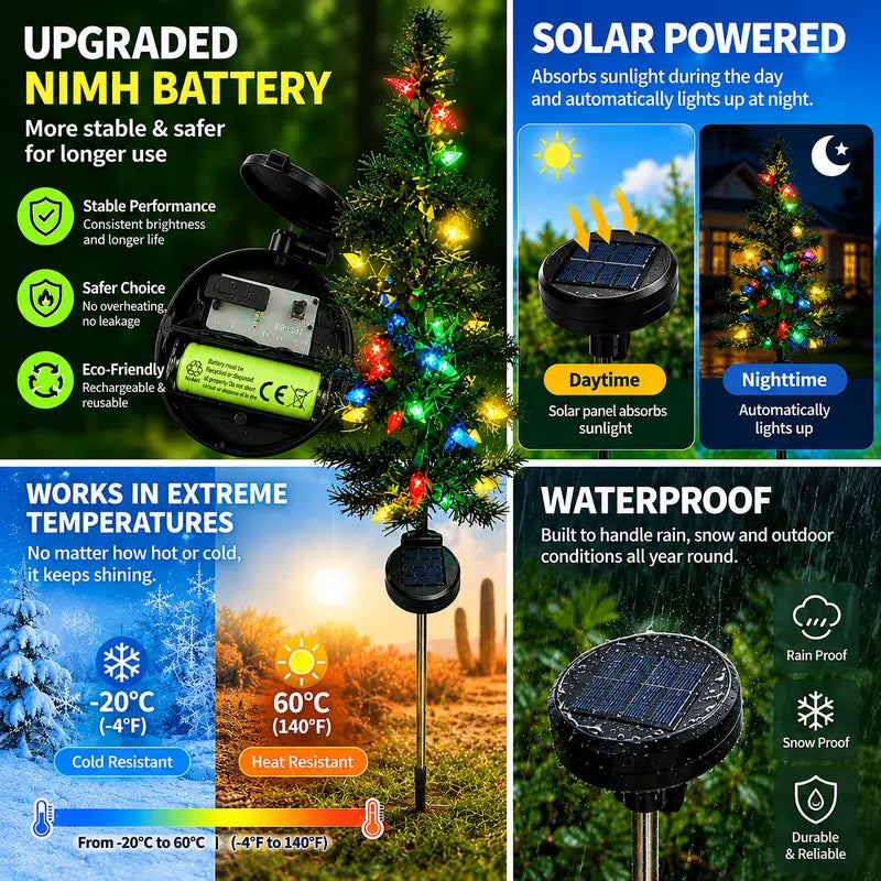 Solar Christmas tree pathway lights — solar panel and rechargeable battery, cold- and heat-resistant, waterproof