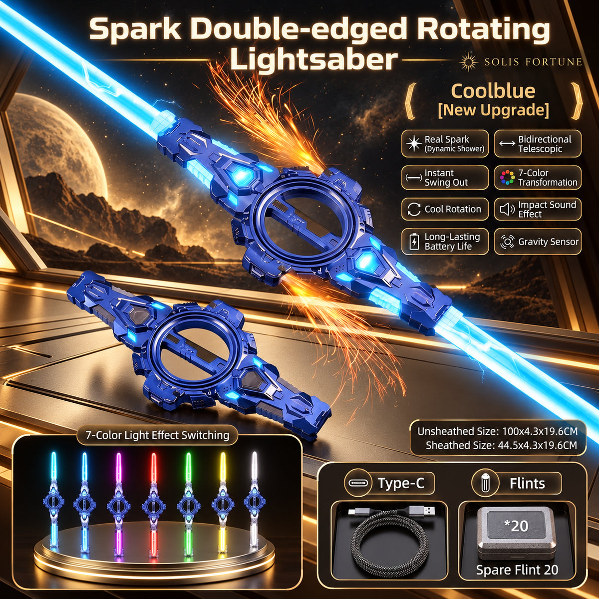 Solis Twinspark — Cool Blue: double light saber with 7-colour light, Type-C and 20 flints