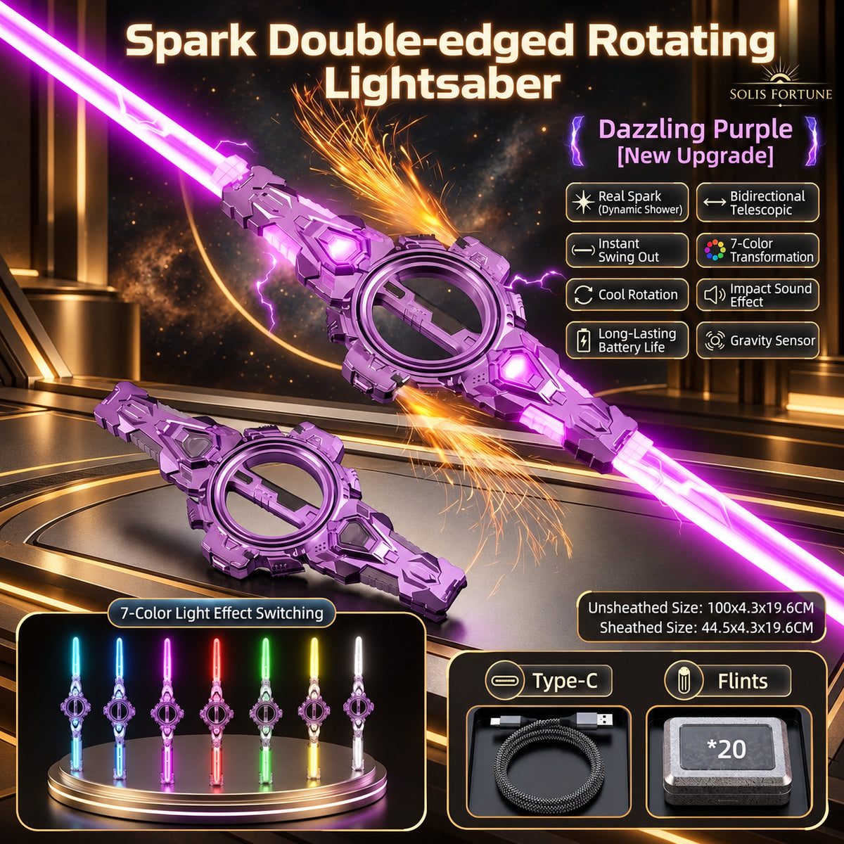 Solis Twinspark — Dazzling Purple: double light saber with 7-colour light, Type-C and 20 flints