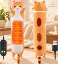 Solis Warmpal — Yellow Cat: long orange-and-cream cat plush with the heating panel and USB cable