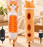 Solis Warmpal — Yellow Cat: long orange-and-cream cat plush with the heating panel and USB cable