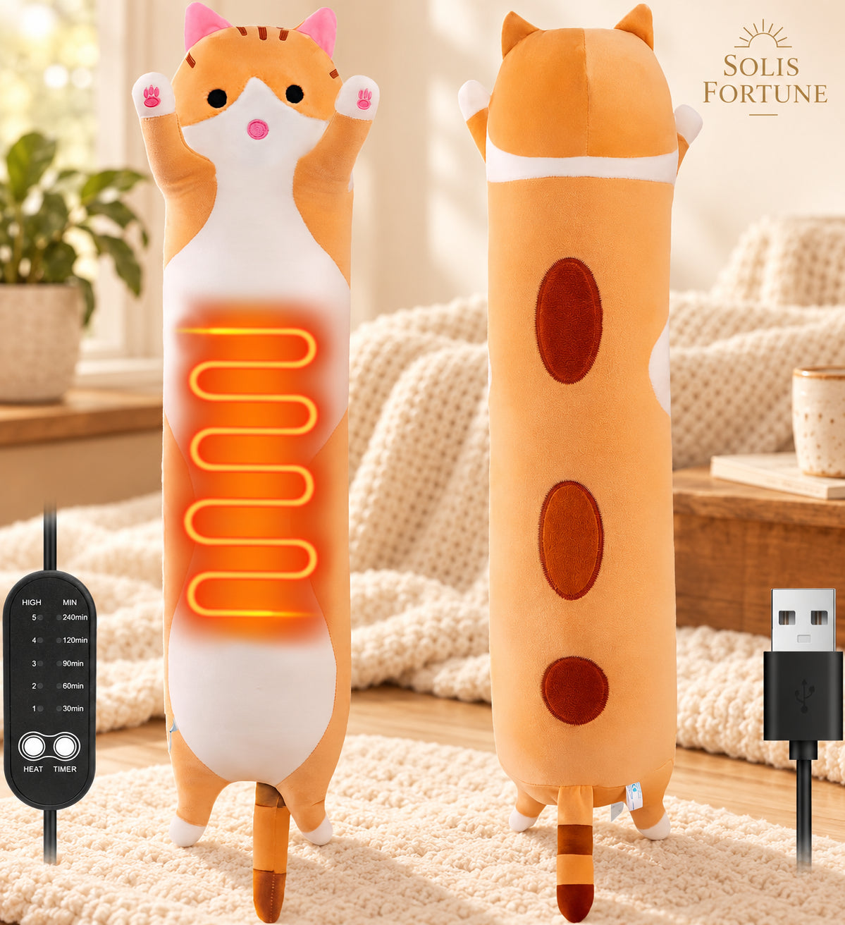 Solis Warmpal — Yellow Cat: long orange-and-cream cat plush with the heating panel and USB cable