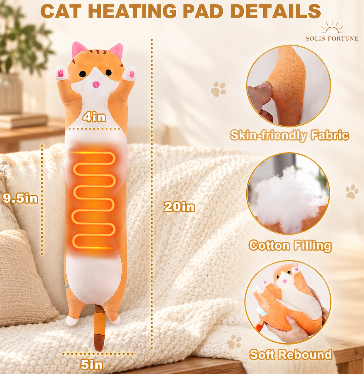 Solis Warmpal — long cat style details: soft plush, cotton filling, heating panel, about 20 inches long