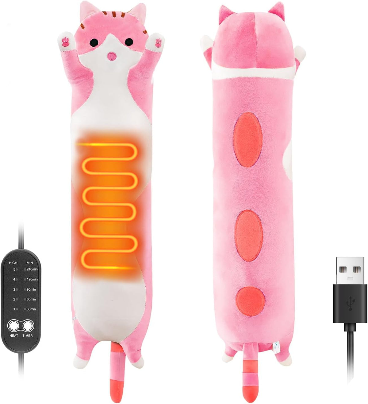 Solis Warmpal — Pink & White Cat: long pink and white cat plush with the heating panel