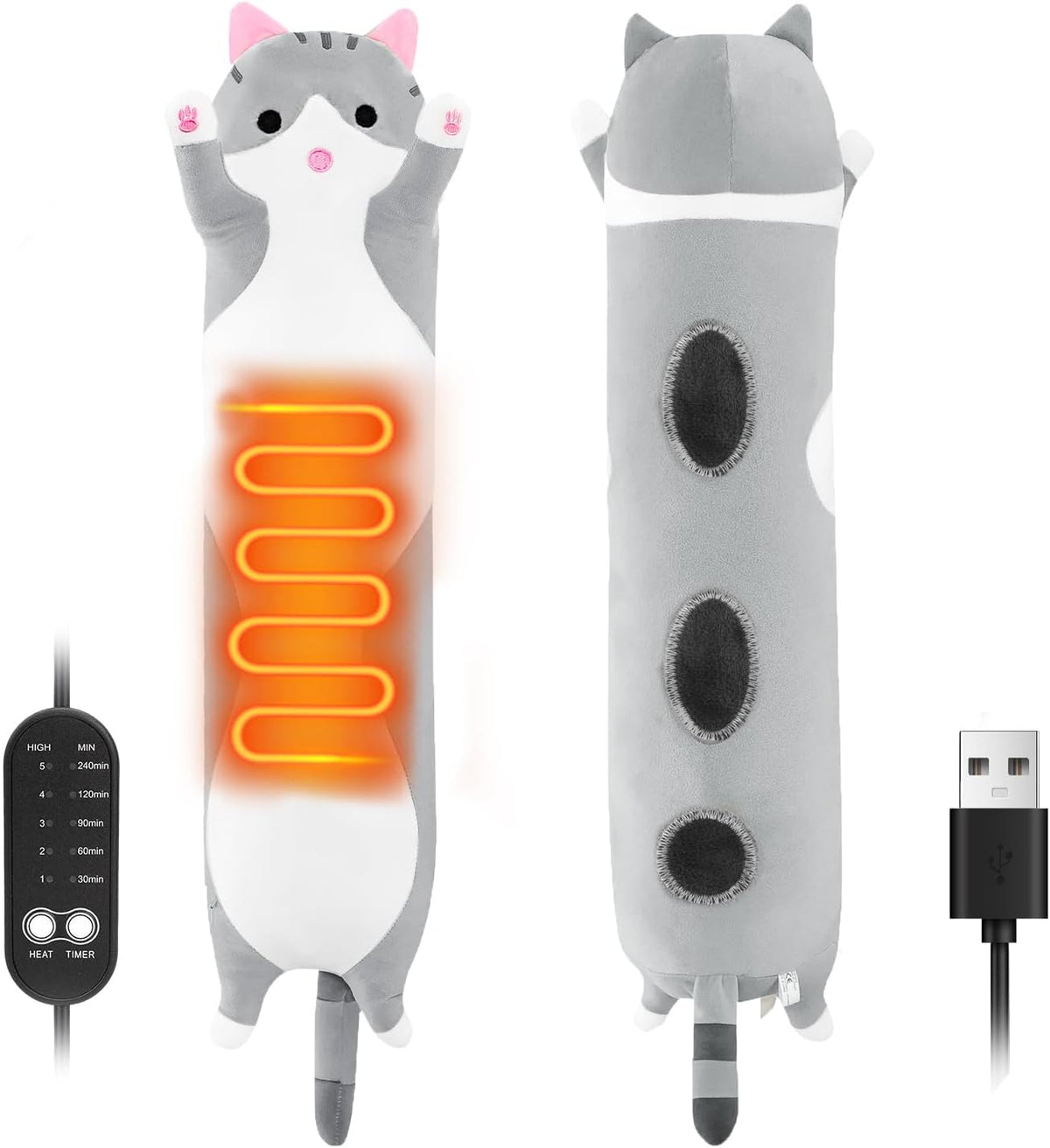Solis Warmpal — Grey Long Cat: long grey and white cat plush with the heating panel