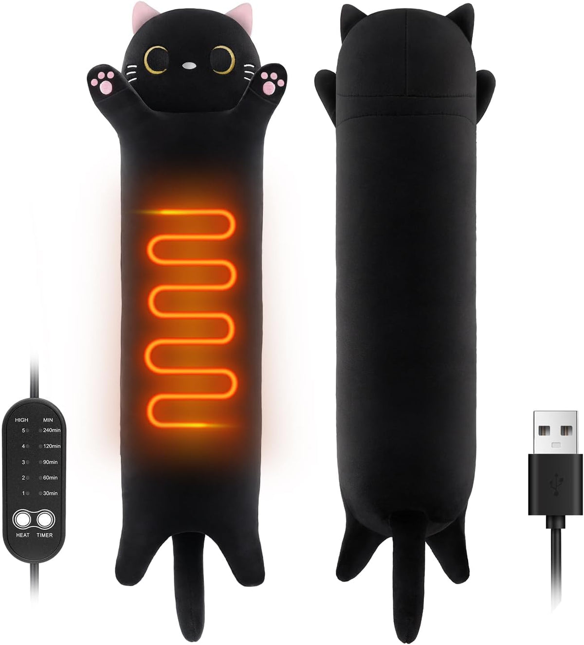 Solis Warmpal — Black Long Cat: long black cat plush with the heating panel