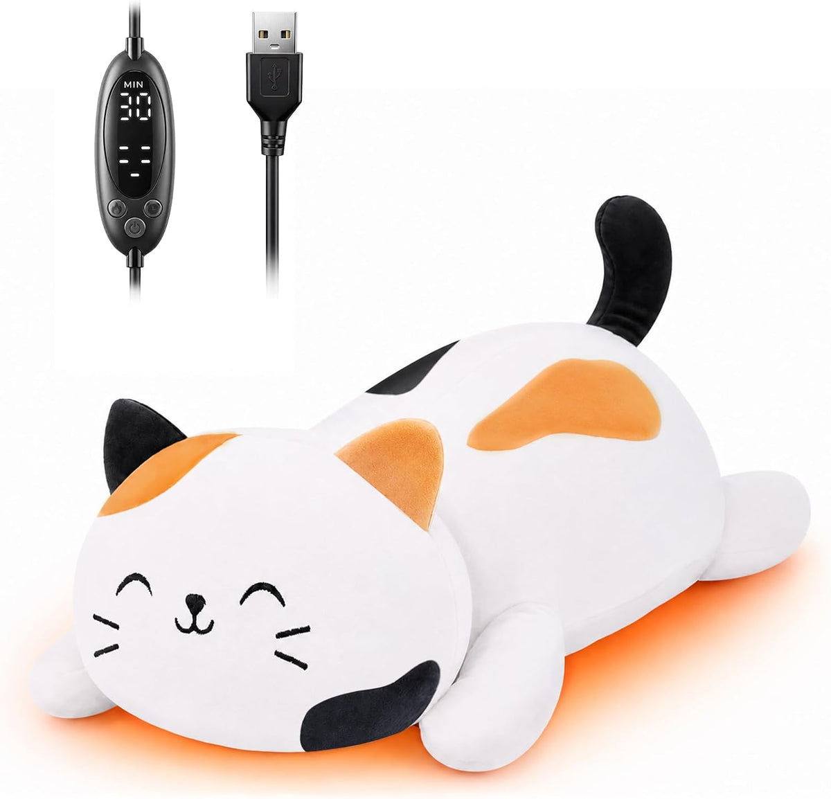 Solis Warmpal — White Calico Cat: lying white calico cat plush with controller