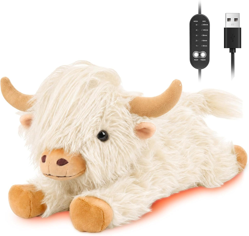 Solis Warmpal — White Highland Cow: lying fluffy white highland cow plush