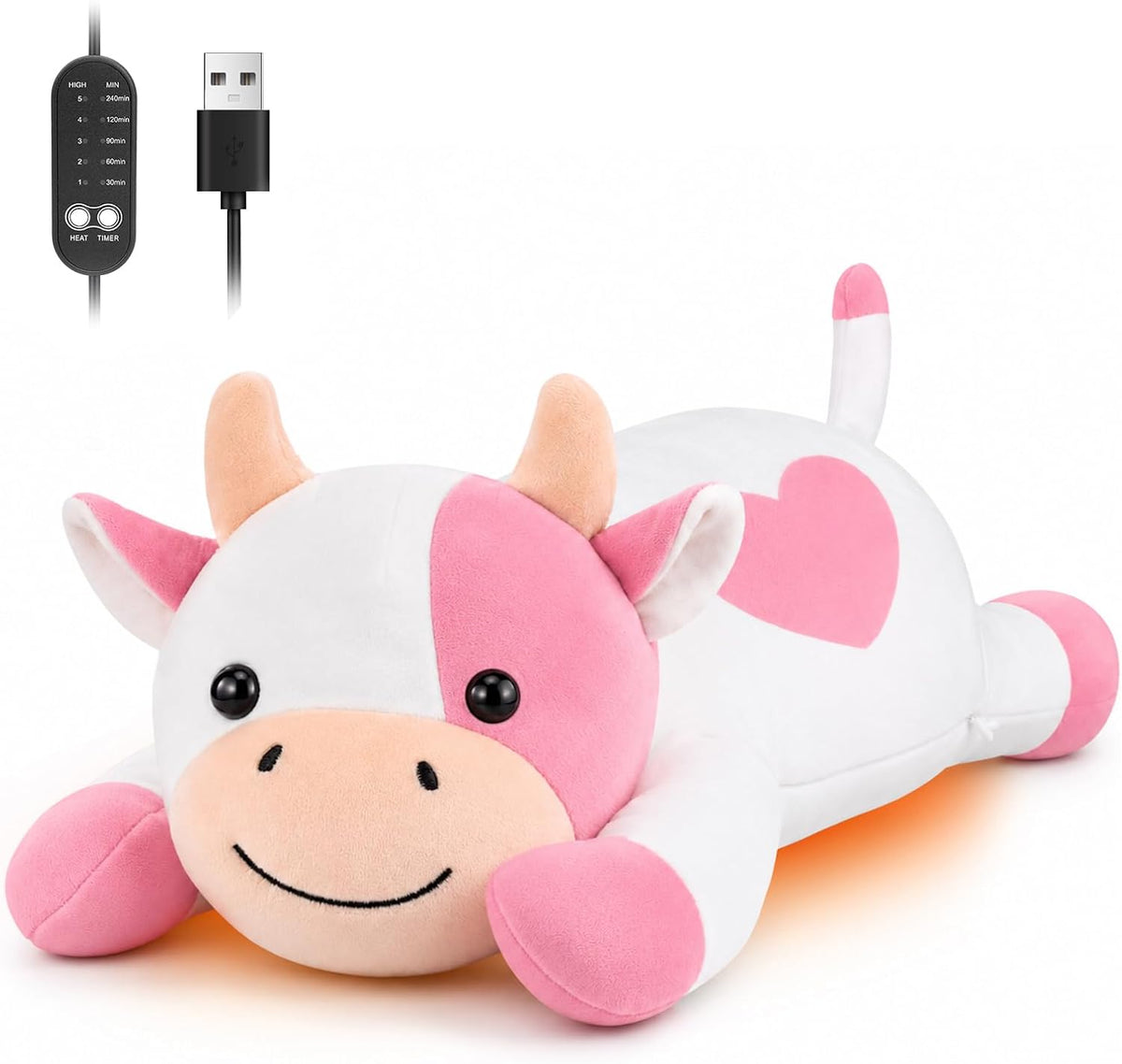 Solis Warmpal — Pink Cow: lying pink and white cow plush with heart spots