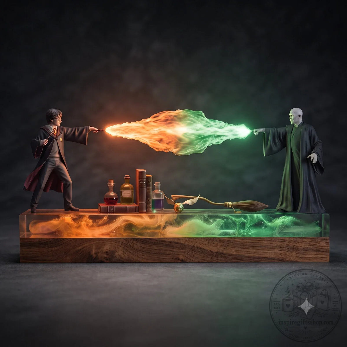 Harry Potter vs Voldemort wand duel LED display by Solis Duel, orange and green spell beam on dark background