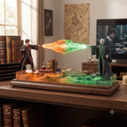 Harry Potter LED duel figurine scene on a wooden desk by the window, Solis Duel