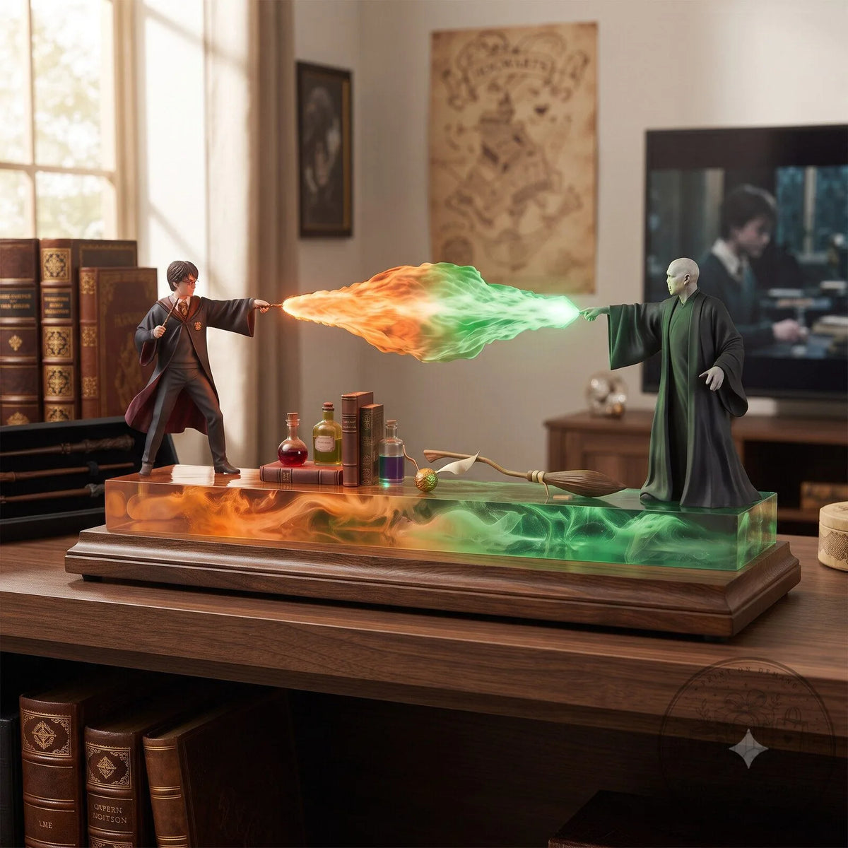 Harry Potter LED duel figurine scene on a wooden desk by the window, Solis Duel
