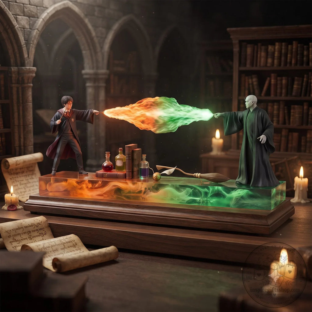 Harry Potter wand duel display glowing in a candlelit library, Solis Duel