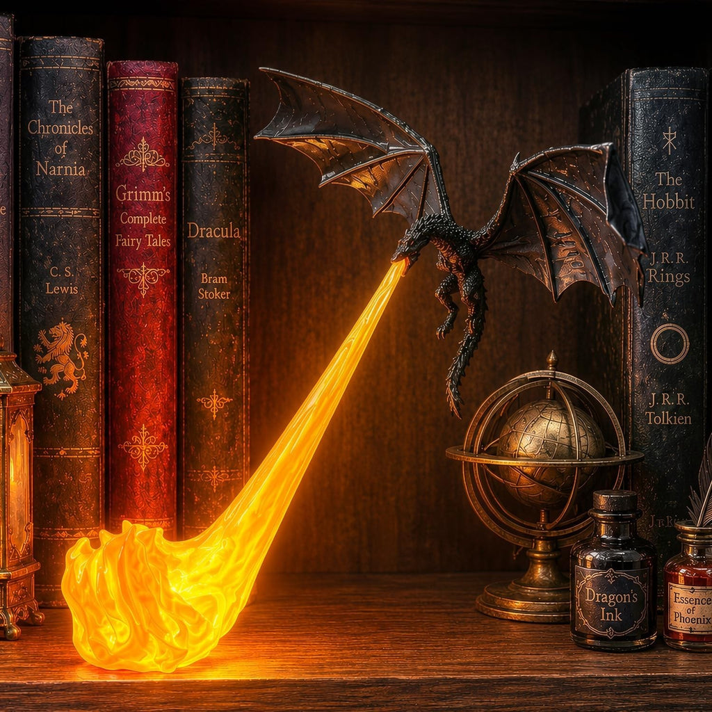 Solis Wyrmflare — Orange Flame: dragon light breathing an orange flame onto a bookshelf