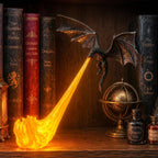 Solis Wyrmflare — Orange Flame: dragon light breathing an orange flame onto a bookshelf