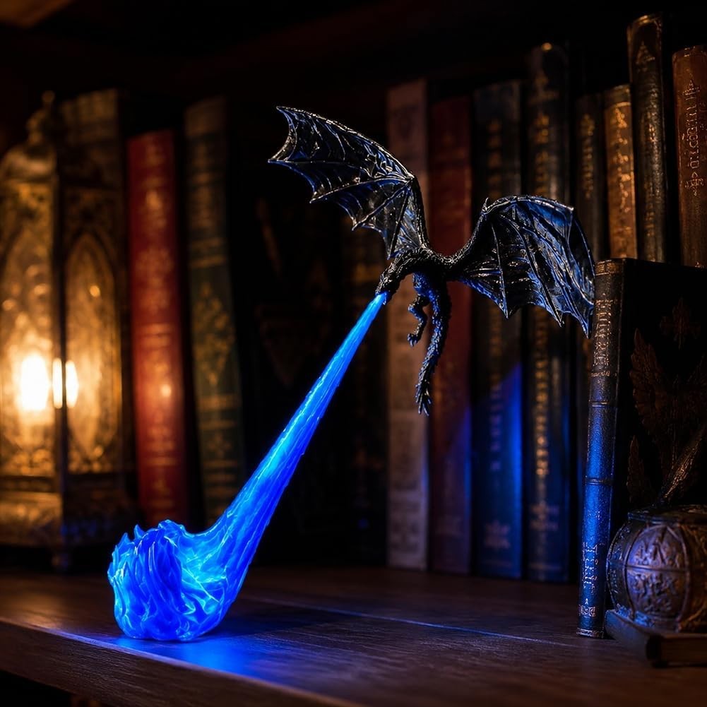 Solis Wyrmflare — Blue Flame: dragon light breathing a blue flame on a dark bookshelf