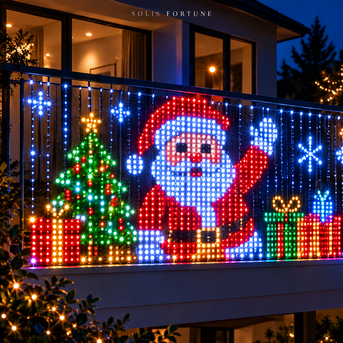 Solis Yuletide — grid of animated designs: Santa, snowman, reindeer, messages and colour patterns