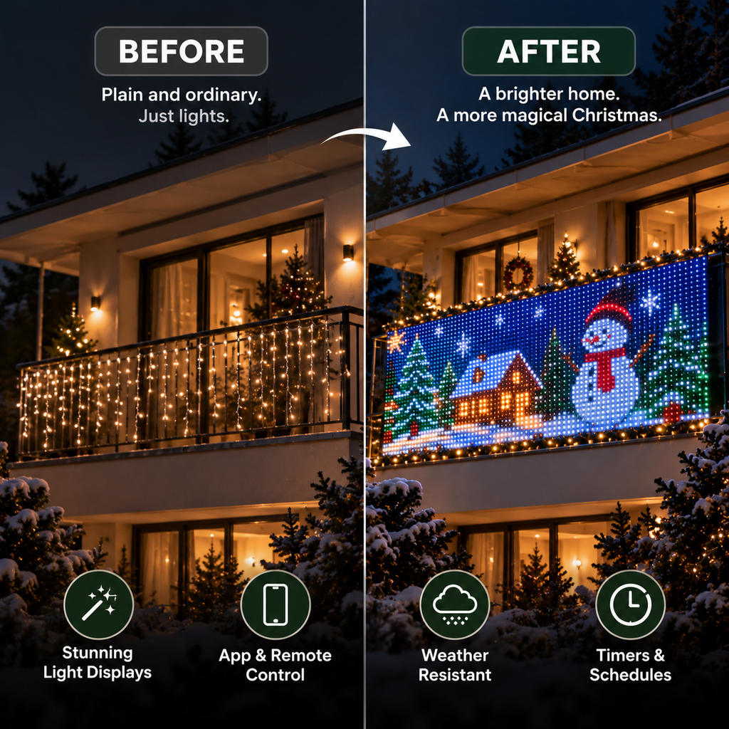 Solis Yuletide — a plain balcony before and an animated Christmas scene after
