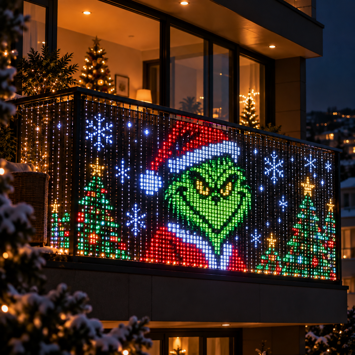 Solis Yuletide — a green character and Christmas trees lit across a balcony railing