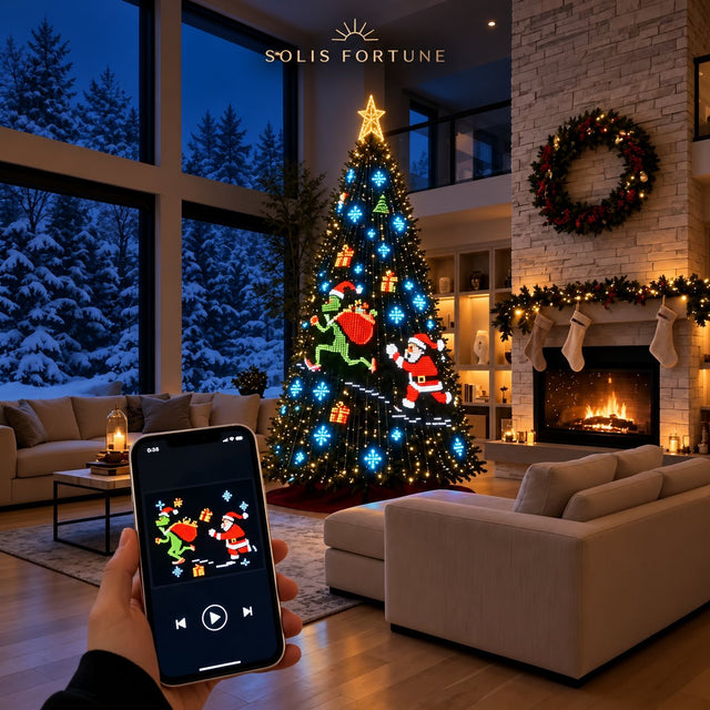 Solis Yuletide — animated Christmas tree lights showing Santa, controlled from a phone