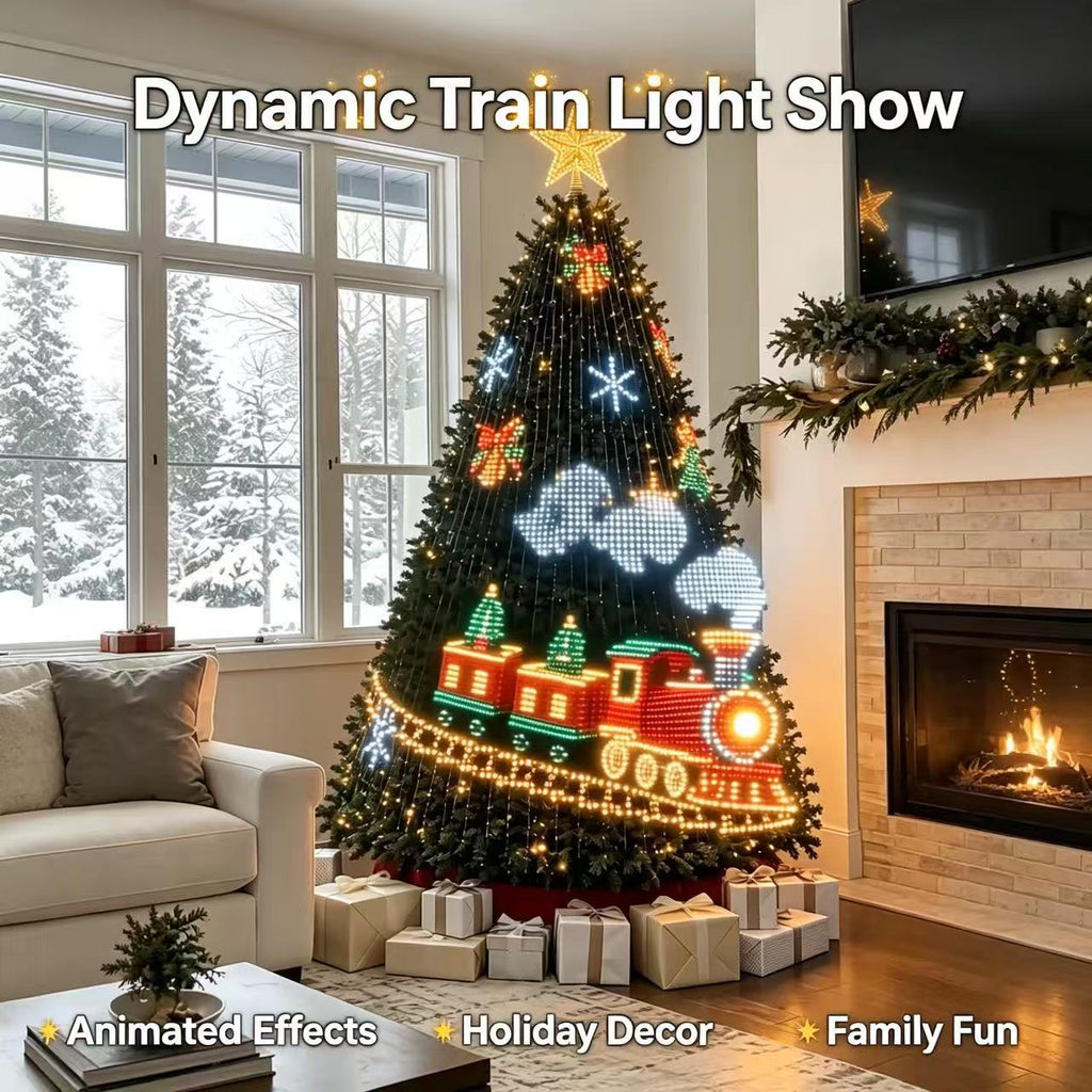 Solis Yuletide — a toy train animation crossing the Christmas tree