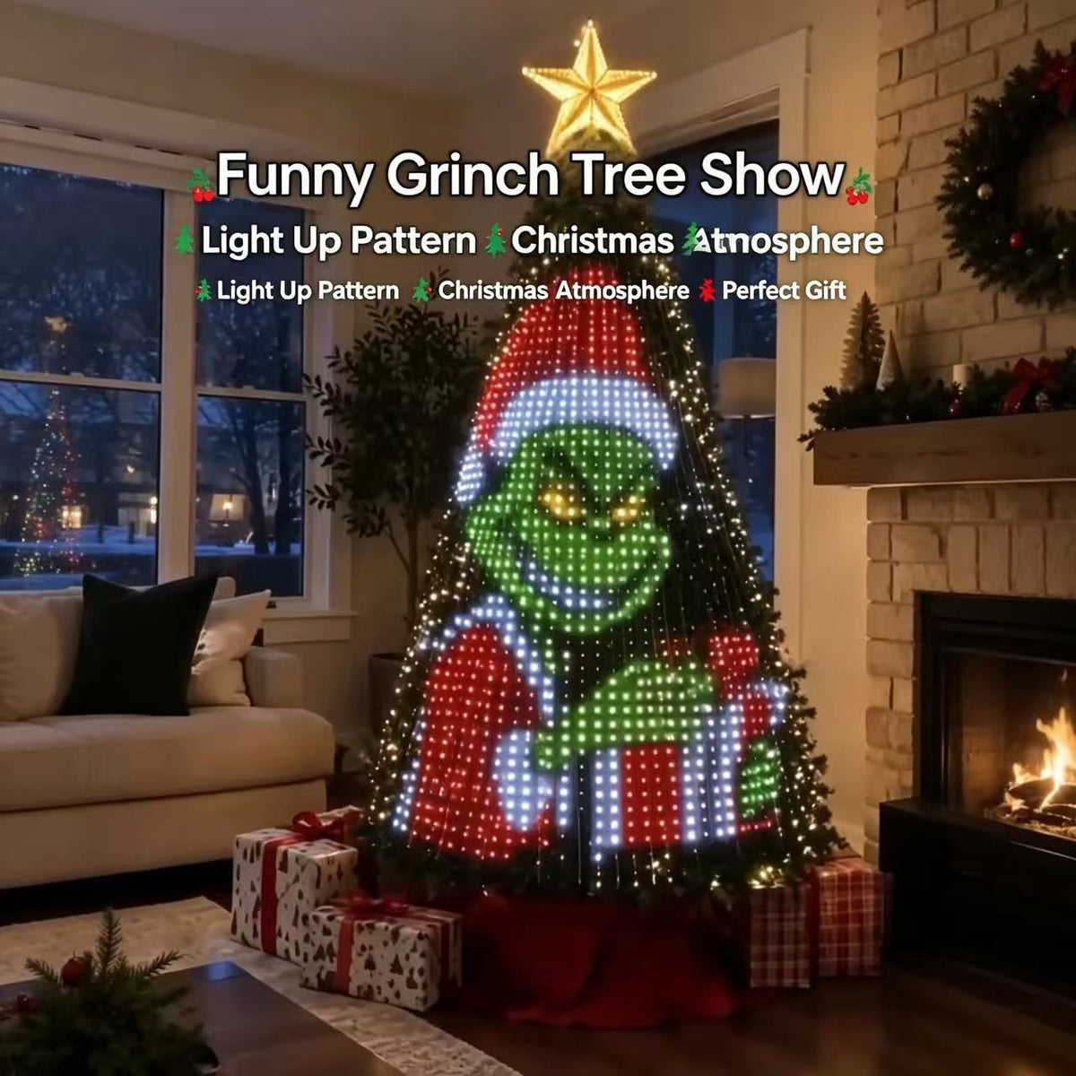 Solis Yuletide — a cheeky green character design lit across the tree