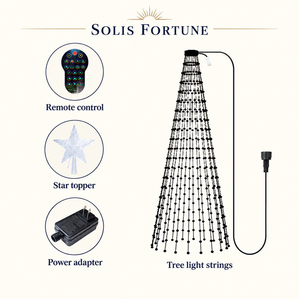 Solis Yuletide — what is in the box: remote, star topper, power adapter and LED strands