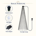 Solis Yuletide — what is in the box: remote, star topper, power adapter and LED strands