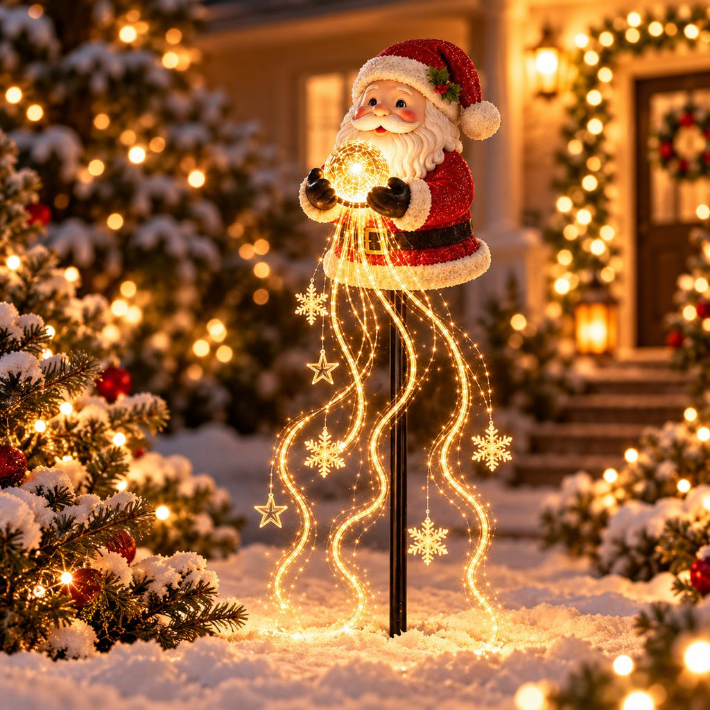 Solis Yuletide Glow — Santa — solar garden stake light with glowing orb and snowflake light fountain