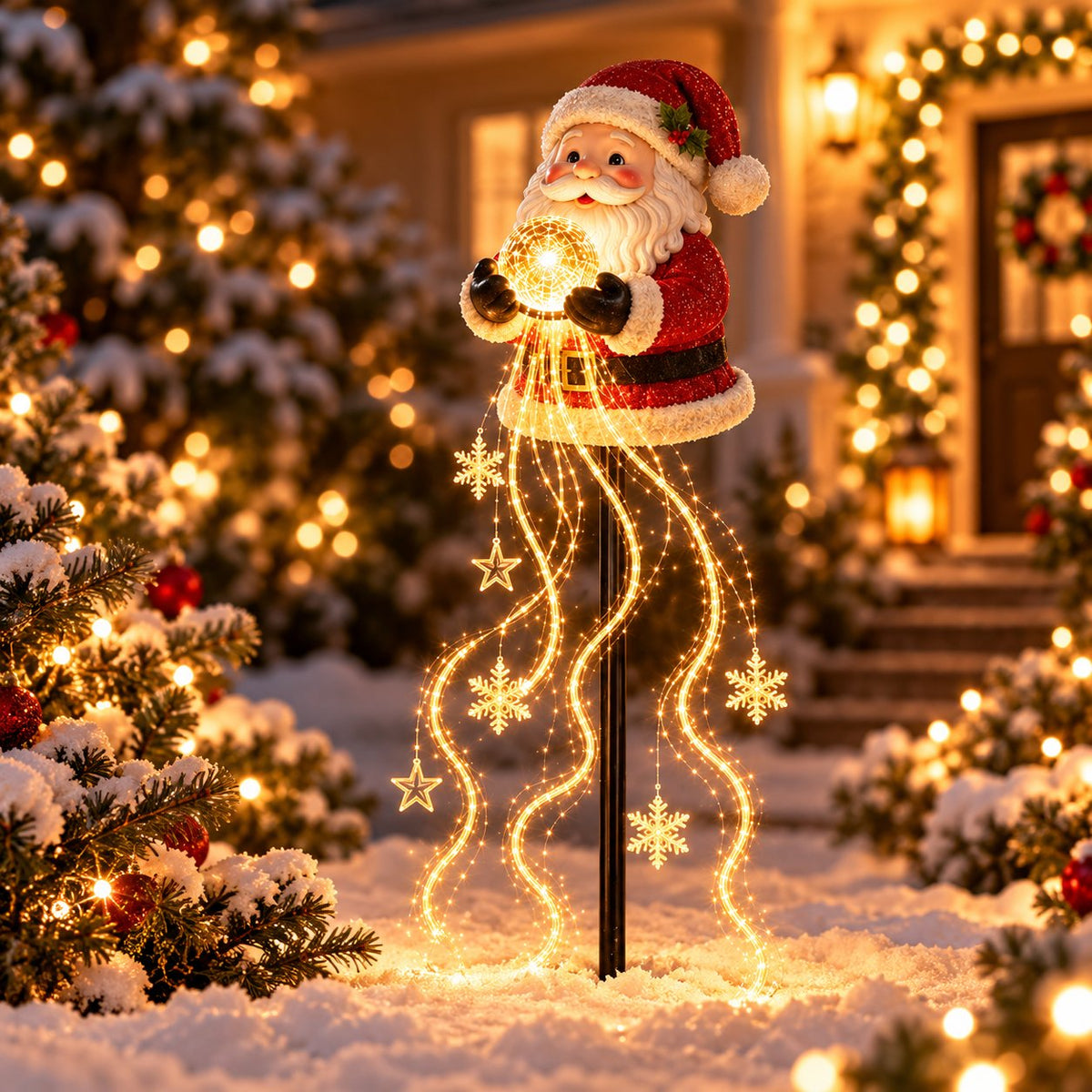 Solis Yuletide Glow — Santa — solar garden stake light with glowing orb and snowflake light fountain