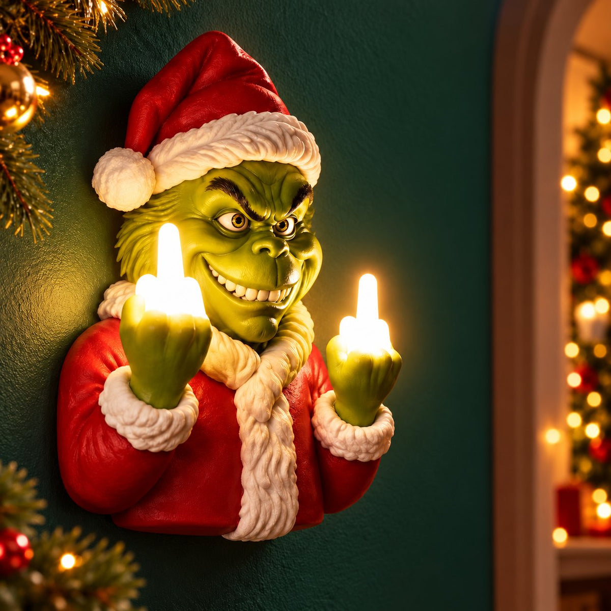 Solis Yuletide Glow — Grinch Wall Lamp — Grinch Christmas wall lamp in a Santa suit